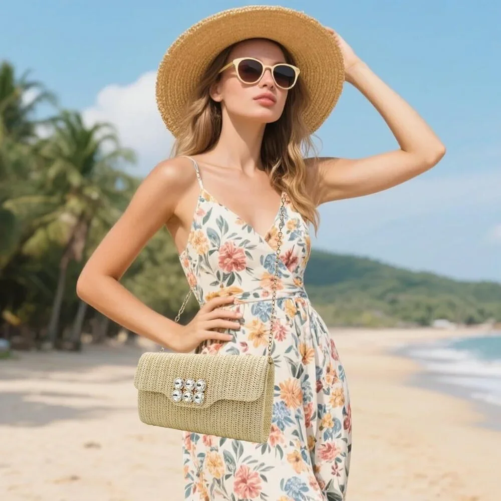 Straw Clutch Purse Summer Woven Beach Bag Evening Handbag Crossbody